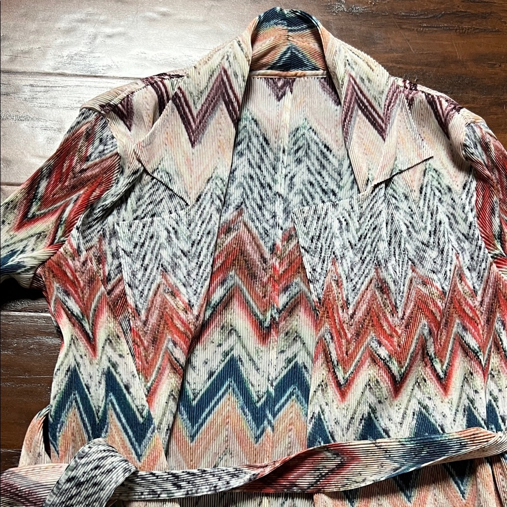 Multi-Color Boho Chevron Pleated Trench Duster Jacket with Belt - One Size - Picture 4 of 15